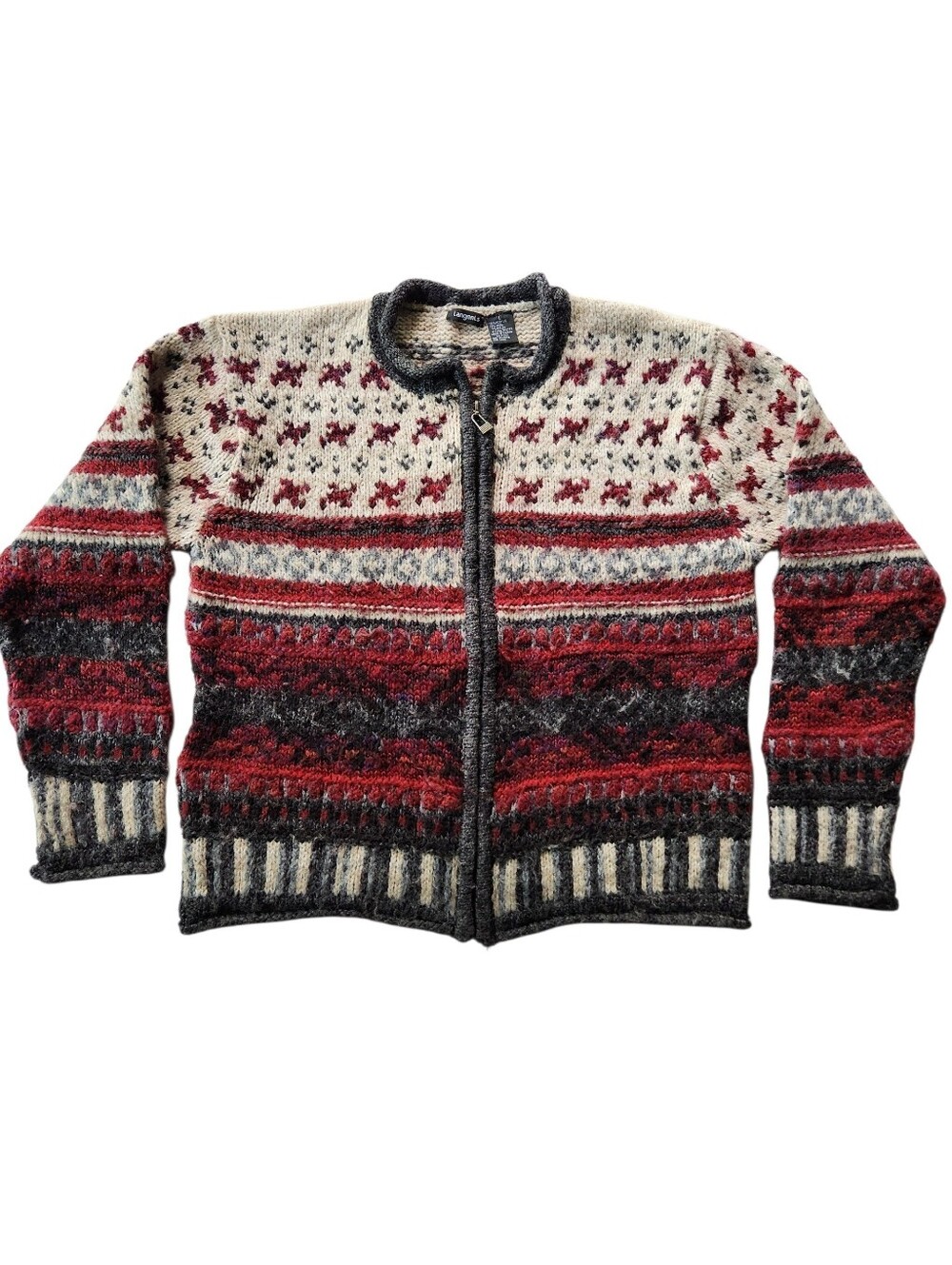 Tangents Wool Blend Nordic Fair Isles Cottage Knit Zip Up Cardigan Sweater Sz L